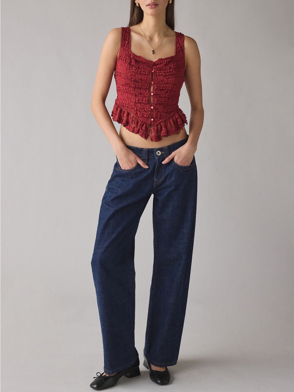 Kimchi Blue Amara Ruffle Lace Button-Front Tank Top - Picture 2 of 4